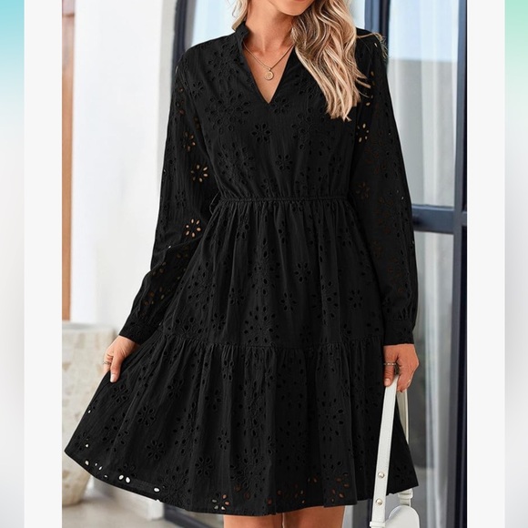 ☀️Black Eyelet hollow out Long Sleeve Dress - Picture 4 of 8